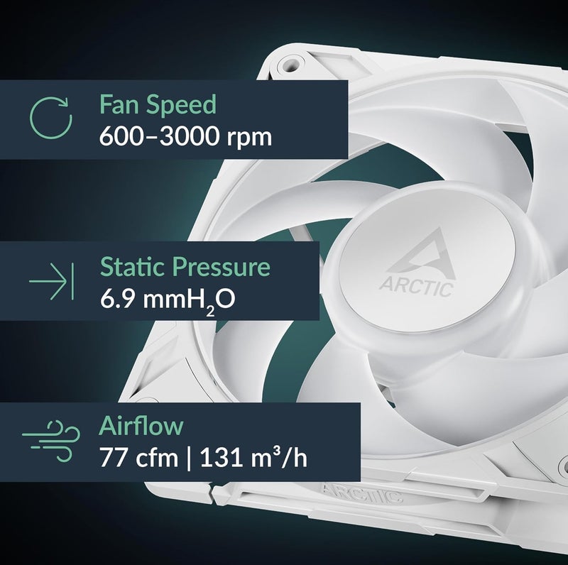 Arctic P12 برو A-RGB (أبيض) - مروحة قوية متميزة، مروحة 120 مم PWM مع موصل Y، 600-3000 دورة في الدقيقة، 0 دورة في الدقيقة <5% PWM، 5V RGB رقمي، تحمل ديناميكي سائل، 4 دبابيس - أبيض - Image 2